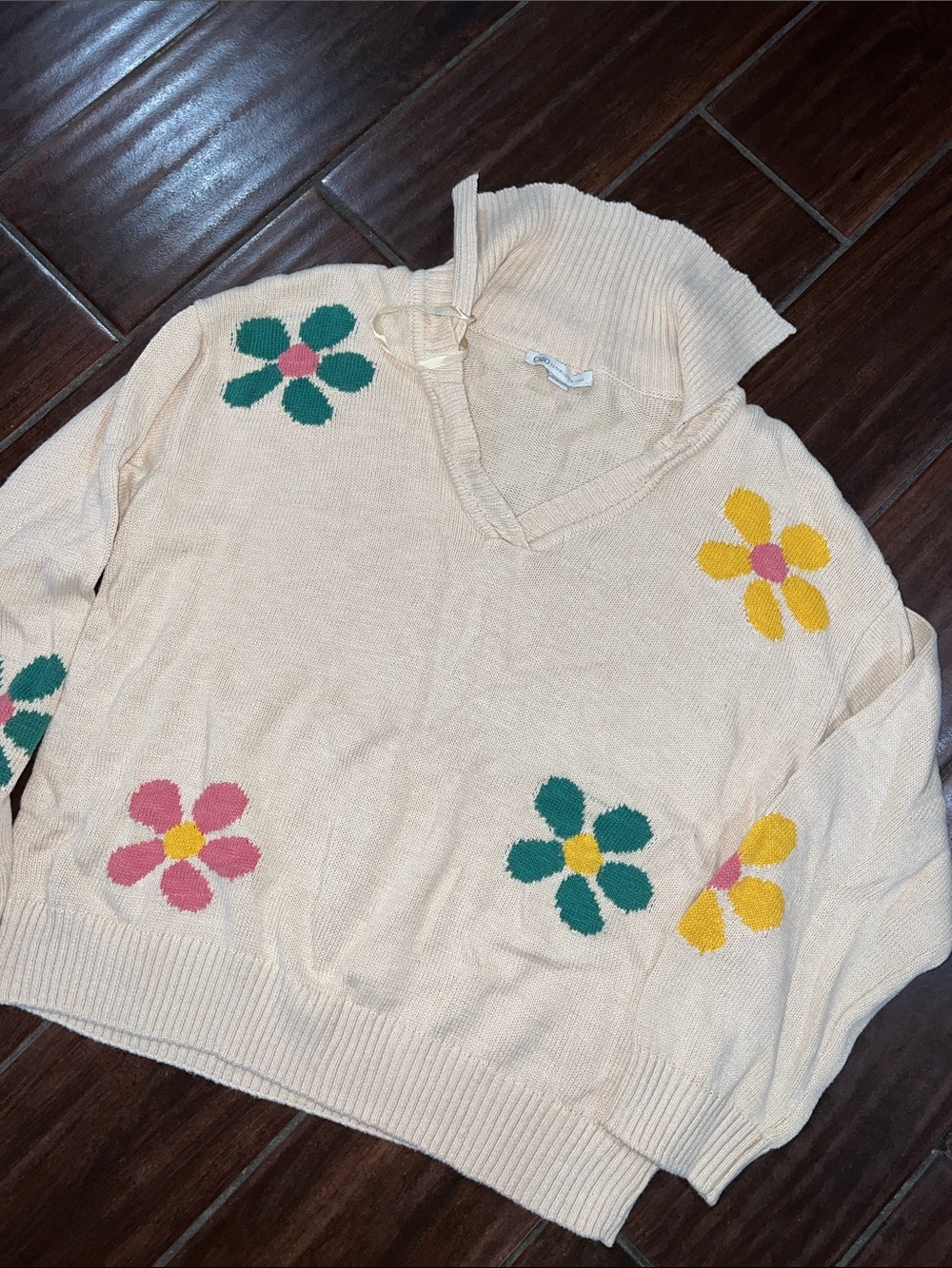 Cato Cream V-Neck Hoodie Sweater with Pink, Green & Yellow Floral Intarsia